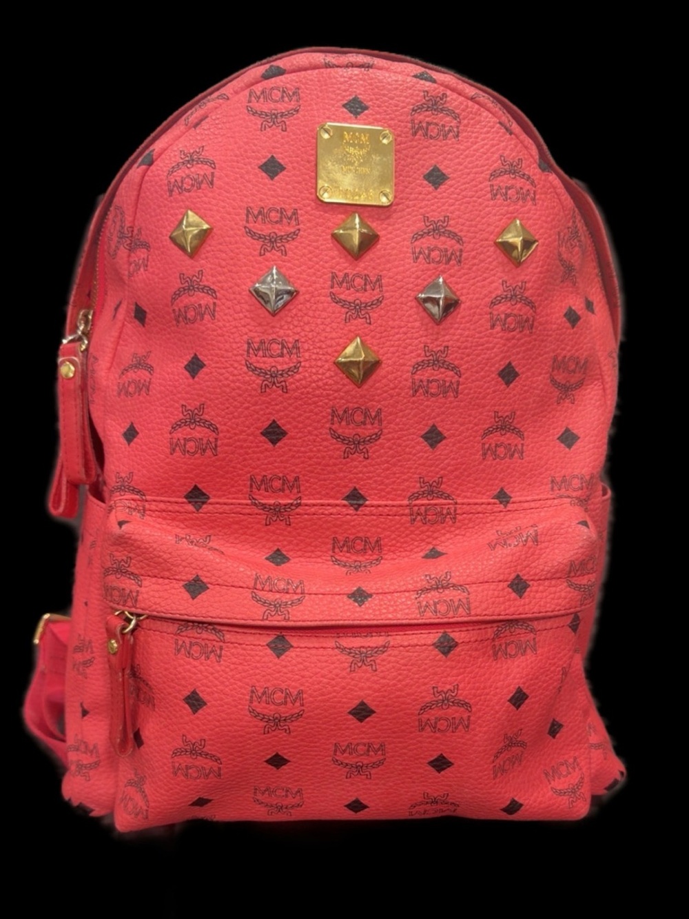 MCM Red Logo Pyramid Stud Backpack